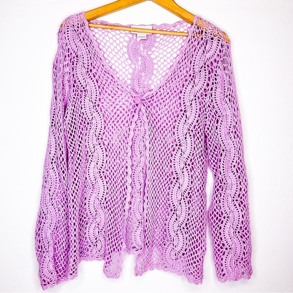 Vintage Tanjay Cardigan Lavender Open Knit Crochet Look L G